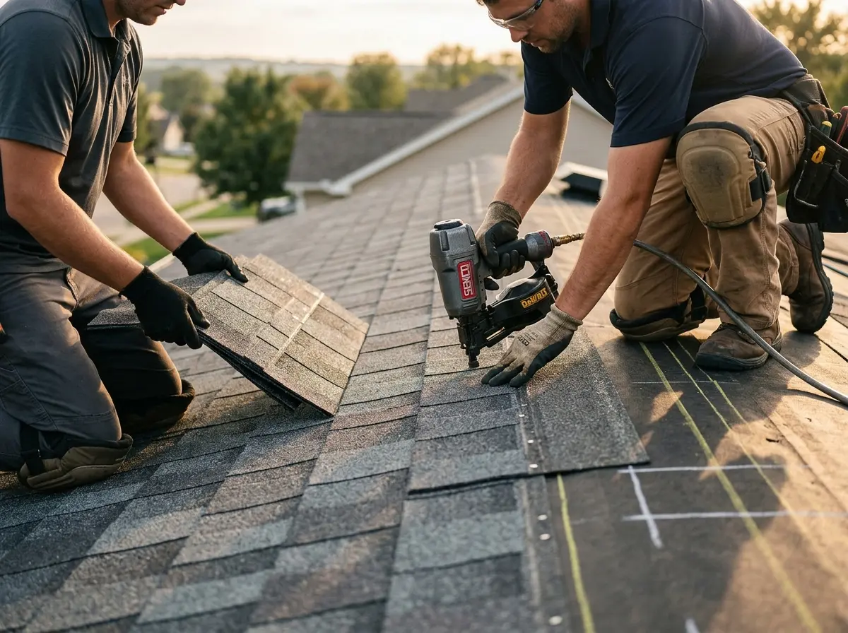 Professional roofer working on a residential roof in Adel